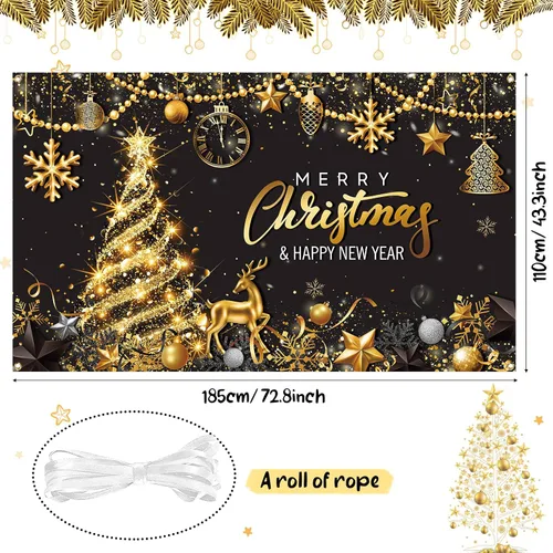 Miniatura 2 de Tiamon Telón de Fondo Banner de Fiesta Feliz Navidad para Decoración de Fiesta de Navidad y Año Nuevo (Azul Dorado, 72.8 x 43.3 Pulgadas)