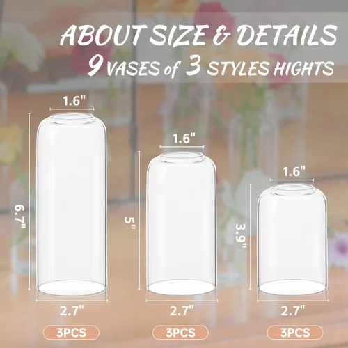 Miniatura 2 de Juego de 9 jarrones de cristal transparentes para centros de mesa, jarrón de cristal pequeño moderno para bodas, fiestas, centros de mesa