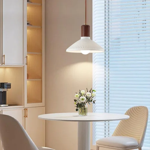 Miniatura 5 de White Ceramic Lampshade Pendant Light Height Adjustable Hanging Light Fixture Modern Vintage Wood Pendant Lamp for Kitchen Island Dining Room