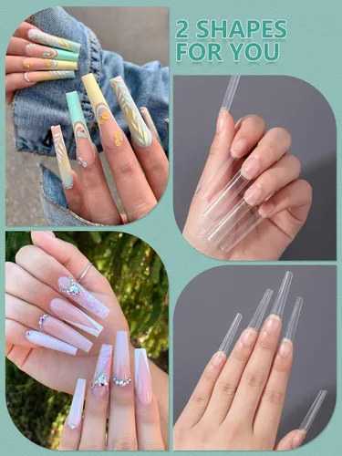 Miniatura 2 de 480 puntas de uñas transparentes XL largas, 240 puntas de uñas de ataúd con 240 puntas de uñas cuadradas sin curva C para uñas acrílicas