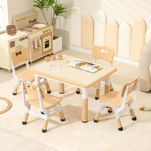 Hulaibit Juego de mesa y sillas para niños pequeños, juego de mesa y 4 sillas con escritorio con grafiti, mesa de estudio infantil ajustable en
