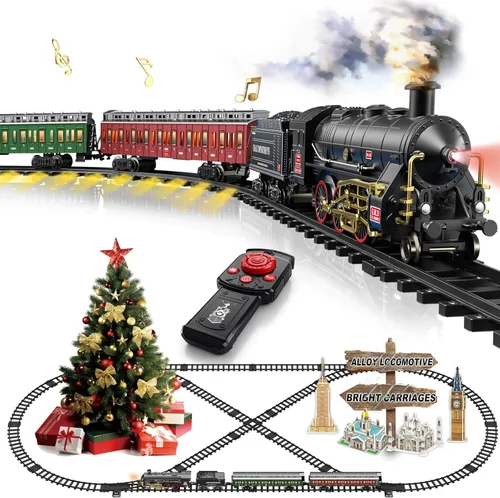 Miniatura 8 de Juego de tren eléctrico con pistas elevadas 3D, vagones de pasajeros de locomotora, luces y modo silencioso, tren de Navidad para niños, regalo