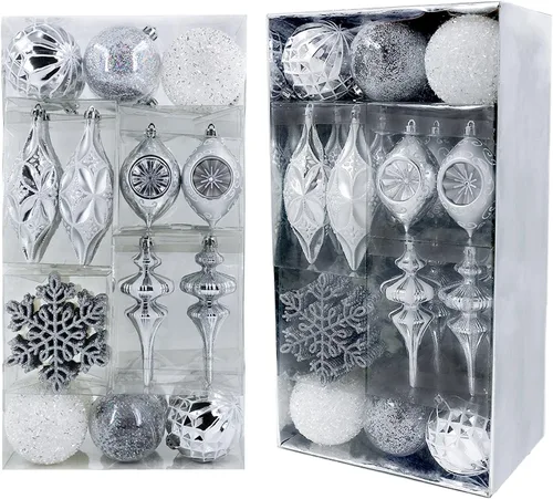 Valery Madelyn Adornos de bola de Navidad, juego de decoración de árbol de Navidad irrompibles de 50 unidades, color blanco y plateado, elegantes