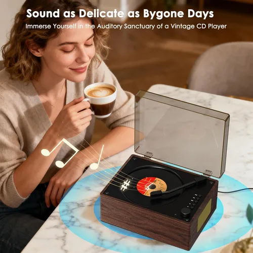 Miniatura 7 de Walnut Wood Grain CD Player with Bluetooth 5.3 - Retro Desktop Music Player, Dual HI-FI Speakers, 3600mAh Battery, Remote Control, 2-Year Warranty