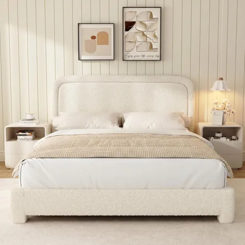Miniatura 4 de WEUP Marco de cama Boucle de tamaño matrimonial, marco de cama tapizado de nube con cabecero, esquinas redondeadas suaves, no requiere somier