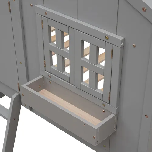 Miniatura 7 de Litera para niños con apariencia en forma de casa, litera de tamaño individual con techo y 2 ventanas, literas de piso de madera maciza para niños