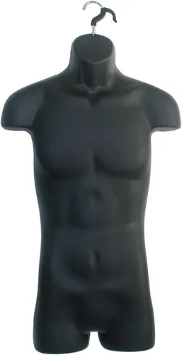 Miniatura 4 de 4 formas de maniquí negro con soportes de metal - Juego de maniquíes colgantes de torso largo para hombre, mujer, niño y bebé con cadera
