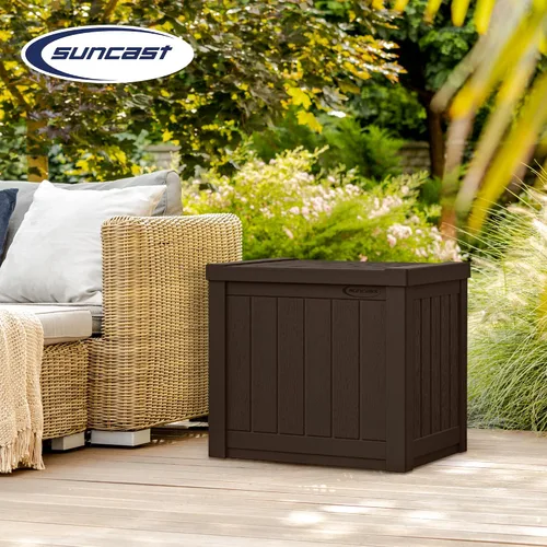 Miniatura 5 de Suncast - Caja pequeña de 22 galones y resina ligera para asiento y almacenamiento en terraza exterior de cojines de patio, herramientas de Marrón
