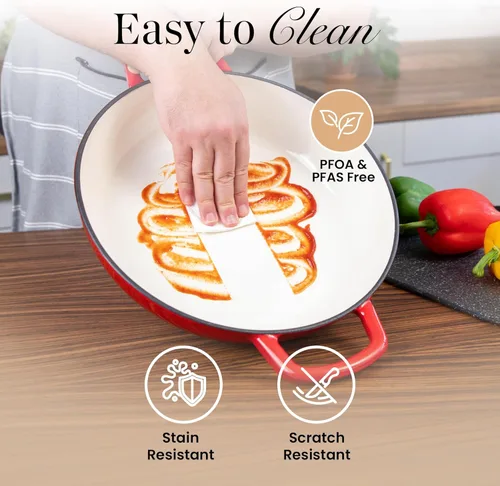 Miniatura 6 de Cacerola poco profunda de hierro fundido con tapa – Olla de horno holandés antiadherente, apta para horno hasta 500° F – Ollas de cocina resistentes