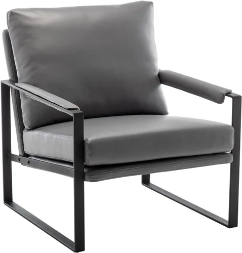 Miniatura 8 de UNICOO Silla decorativa moderna de piel sintética, sillón tapizado con marco de metal, cojín de asiento grueso y almohada trasera de gran