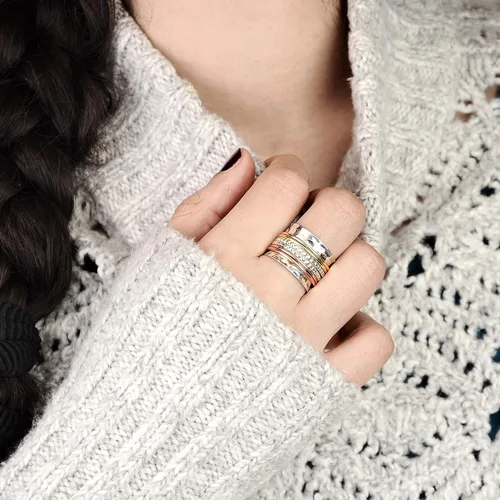 Miniatura 4 de Boho-Magic Anillo giratorio de plata de ley 925 con anillos antiestrés de latón y cobre para mujer de banda ancha