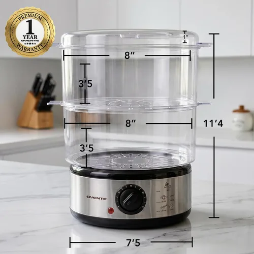 Miniatura 6 de OVENTE Vaporizador eléctrico de alimentos de 2 niveles, olla de vapor apilable de acero inoxidable de 5 cuartos de galón con potencia de 400 W