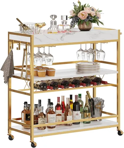BON AUGURE Carrito de Bar para el Hogar, Carrito de Bar Rodante para el Hogar con Ruedas, Carrito de Bebidas Móvil de 3 Niveles con Botellero y