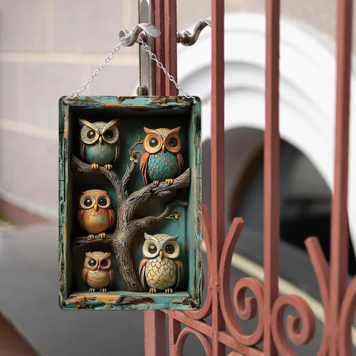 Miniatura 6 de Letrero de lata de búhos con diseño de efecto visual 3D, póster de metal para decoración de pared para el hogar, patio, cocina, restaurante