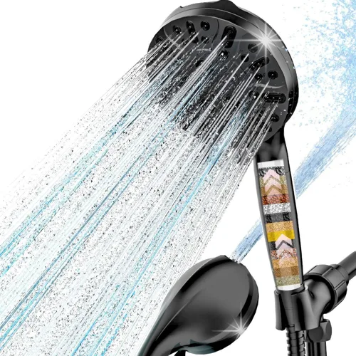 Cabezal de ducha filtrado con portátil, cabezal de filtro de ducha de alta presión con 9 ajustes para agua dura, rociador eléctrico integrado, Negro