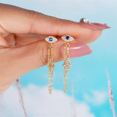 Miniatura 4 de Aretes colgantes con borla de palma de mal de ojo para mujeres y niñas, circonita cuíbica, hipoalergénica, cadena de borla, aretes colgantes