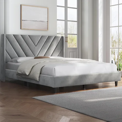 Miniatura 3 de Yaheetech Armazón de Cama Full Tapizado Cama de Plataforma con Cabecera Acolchada con Alas Laterales/Soporte de Listones de Madera Resistente/No