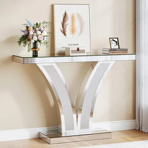 Miniatura 7 de Tribesigns Mesa de consola con espejo, moderna mesa de sofá de entrada plateada con marcos de incrustaciones de cristal para sala de estar, pasillo