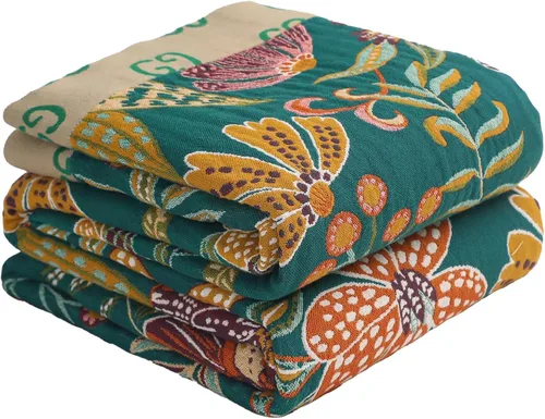 Miniatura 25 de Manta bohemia 100% algodón orgánico ultra suave transpirable rústico edredón de 50 x 60 pulgadas con pájaros y flores para sofá, silla, cama, sillón