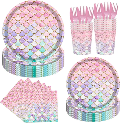 Juego de vajilla para fiesta de sirena, 144 piezas, suministros de fiesta de cumpleaños de sirena, platos de sirena, servilletas, tazas, tenedores,