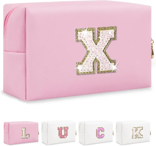 Miniatura 30 de Bolsa de maquillaje con parche de letra inicial personalizada, bolsa de cosméticos de chenilla preppy con letra de chenilla con cremallera, Y