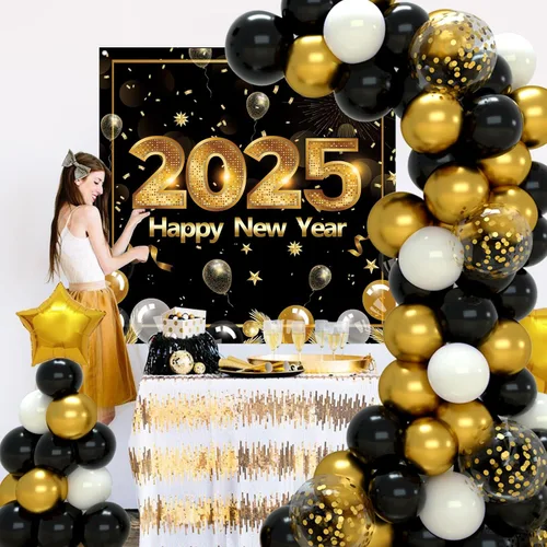 Miniatura 3 de Suministros para fiesta de Año Nuevo 2025, decoraciones de Año Nuevo, globos de confeti negro y dorado, kit de arco de guirnalda de globos de feliz