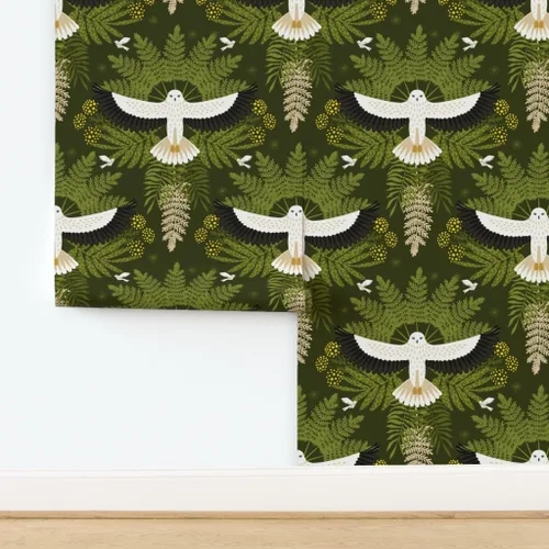 Miniatura 4 de Muestra de papel tapiz extraíble – Woodland Damasco Botánico Pájaro Botánico Moderno Selva Halcón Búho Helecho Hojas Papel pintado personalizado