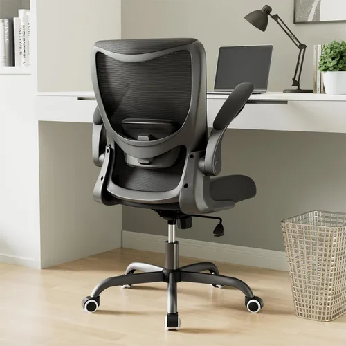 MUXX.STIL Silla de oficina, silla de escritorio ergonómica con soporte lumbar ajustable y reposabrazos abatibles, silla de computadora de malla Negro