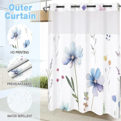 Miniatura 4 de Juego de cortina de ducha sin gancho con forro a presión, diseño floral moderno para baño, tela sin anillo, cortinas de flores impresas en acuarela