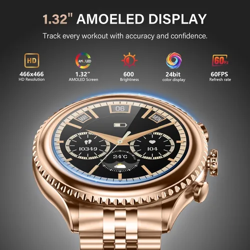 Miniatura 7 de Reloj inteligente de lujo de alta gama para hombres, esfera giratoria (bisel de corte de hacha) smartwatch, pantalla AMOLED de 1.32 pulgadas, Dorado