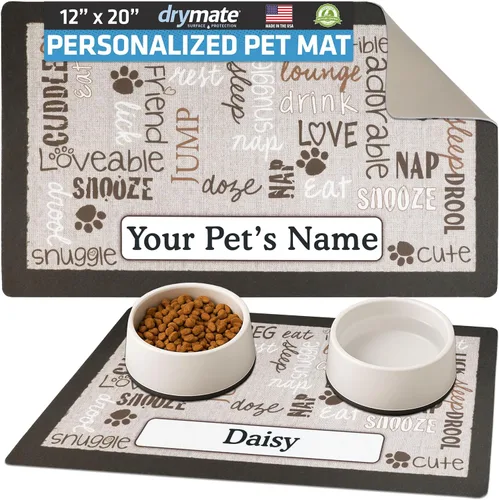 Drymate Mantel individual personalizado para tazón de mascotas, tapete personalizado de alimentación de alimentos para perros y gatos, tela Lino -