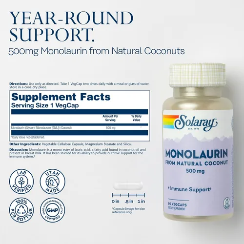 Miniatura 2 de SOLARAY Monolaurina de 500 mg de coco natural, suplemento de monolaurina para un potente apoyo nutricional, verificado en laboratorio, 60 porciones