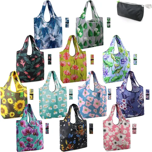 BeeGreen 12 paquetes de bolsas reutilizables de flores, bolsas reutilizables extragrandes de 50 libras, lindo diseño floral, bolsas plegables