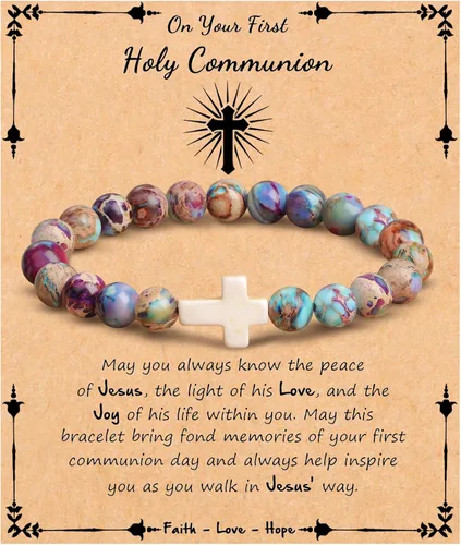 Miniatura 30 de JoycuFF Regalos Cristianos, Pulseras de Cruz para Mujeres, Joyería Cristiana Católica Religiosa de Fe de Pascua, Pulseras de Piedra Natural