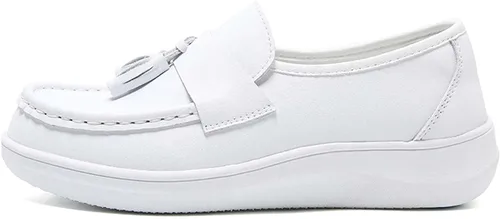 Miniatura 2 de Zapatos de enfermería, zapatos antideslizantes para mujer, para restaurante, cómodos zapatos planos, mocasines y sin cordones, Blanco
