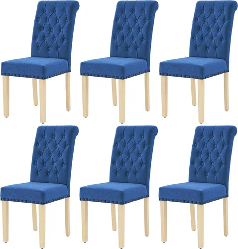 Miniatura 12 de LOULENS Juego de 2 sillas de comedor de tela, modernas sillas Parson tapizadas de lino con ribete de cabezas de clavos, botones acolchados, patas