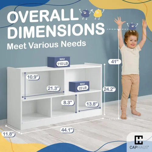 Miniatura 2 de CAPHAUS Organizador de almacenamiento de juguetes con compartimentos abiertos para niños, 44.1 x 11.8 x 24.2 pulgadas, blanco, organizadores