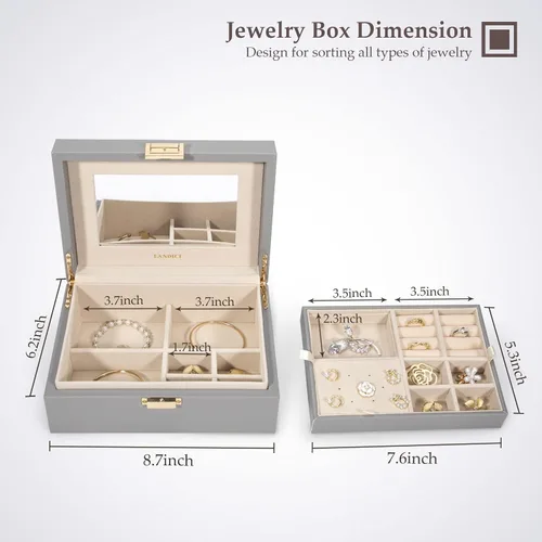 Miniatura 6 de LANDICI Caja organizadora de joyas para mujeres, adolescentes y niñas, estuche grande de almacenamiento de joyas con espejo, bandeja apilable