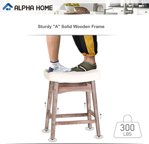 Miniatura 6 de ALPHA HOME Taburete de bar, taburete de cocina de silla de montar de madera maciza con cojín de tela de lino beige, taburete de bar de altura