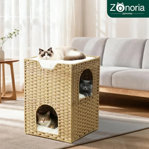 Miniatura 2 de Cama para gatos de interior, un elegante escondite para gatos y una casa para gatos, cama tipo cueva de ratán tejida a mano con cojín suave, cubos