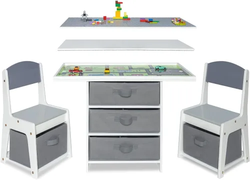 Milliard Juego de mesa y silla 3 en 1 para niños de madera con cestas de almacenamiento, compatible con ladrillos Lego y Duplo, mesa de actividades