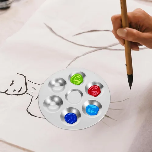 Miniatura 5 de NUOBESTY Bandeja redonda de pintura metálica de 6 pozos de aluminio para acuarela y modelo, mezcla de pintura portátil, suministros de arte