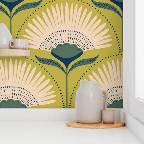 Miniatura 8 de Muestras de papel tapiz para despegar y pegar, diseño Art Deco de flores verdes, geométrico, divertido, jumbo, papel tapiz extraíble personalizado