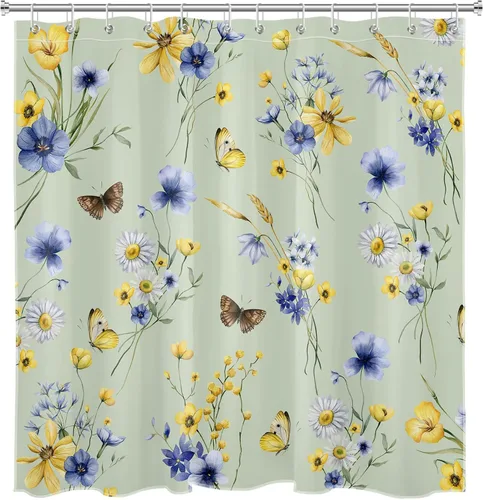 Miniatura 3 de EOBTAIN Cortina de ducha floral de acuarela para baño, margaritas y mariposas sobre tela beige con 10 ganchos, juego de cortinas de baño rústicas