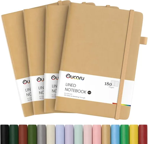 Miniatura 16 de Oucaru Cuaderno rayado, paquete de 4, 180 páginas, diarios A5 para escribir, papel grueso de 100 GSM, cuadernos pequeños diarios para mujeres y 4