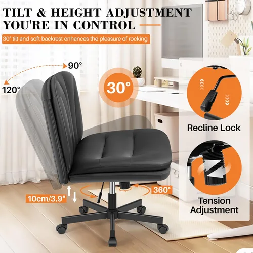 Miniatura 5 de FelixKing Silla Criss Cross con Ruedas, Silla de Oficina con Patas Cruzadas, Silla de Tocador de Escritorio Ancha sin Brazos con 2 Capas de Negro