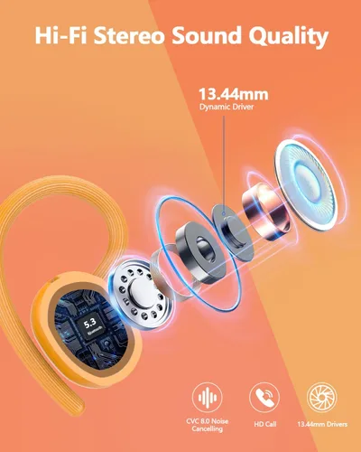 Miniatura 6 de Auriculares inalámbricos Bluetooth 5.3 de 128 horas para deporte, auriculares Bluetooth 2026 estéreo con graves profundos sobre la oreja con ganchos