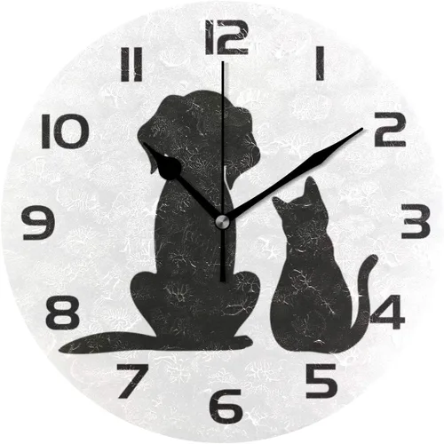 Qilmy Reloj de pared para perros y gatos, silencioso, sin tictac, pintura al óleo, reloj redondo para sala de estar, dormitorio, baño, decoración