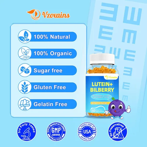 Miniatura 7 de Gomitas de luteína y zeaxantina de 20 mg con arándano, astaxantina, omega 3, vitamina C, E, suplemento de salud ocular sin azúcar para adultos