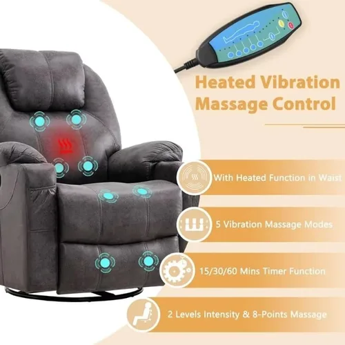 Miniatura 3 de Silla reclinable de masaje para adultos, silla reclinable eléctrica para ancianos, silla reclinable giratoria de 360° con bolsillos, portavasos